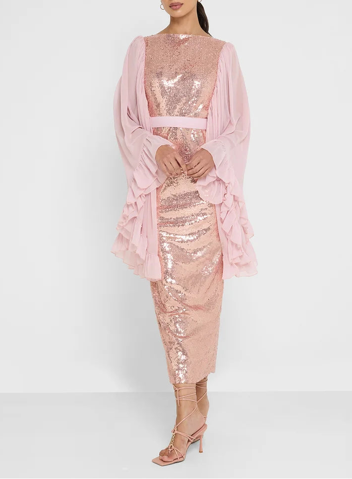 Belted Sequin Midi Dress