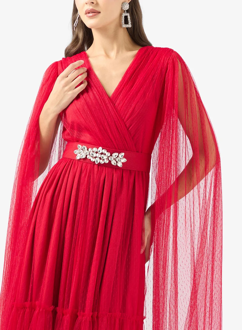 Red Tulle Cape Dress