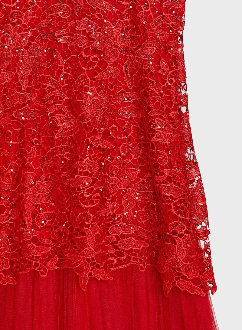 Lace Overlay Tulle Dress